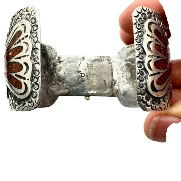 Vintage Native American Peyote Bird Turquoise Coral Bracelet Sterling Silver - Picture 4 of 5